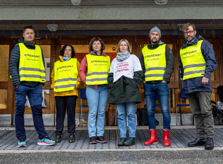 De fleste lærerne på Gimle oppveksttun skole har vært i streik siden 20. juni, men er klare for å stå i det til partene finner en god løsning. Fra venstre: Roger Helland, Francisca Garcia, Tone Ingebrethsen, Siv Hansen, Truls Bjordal og Ingvar Kjøl.