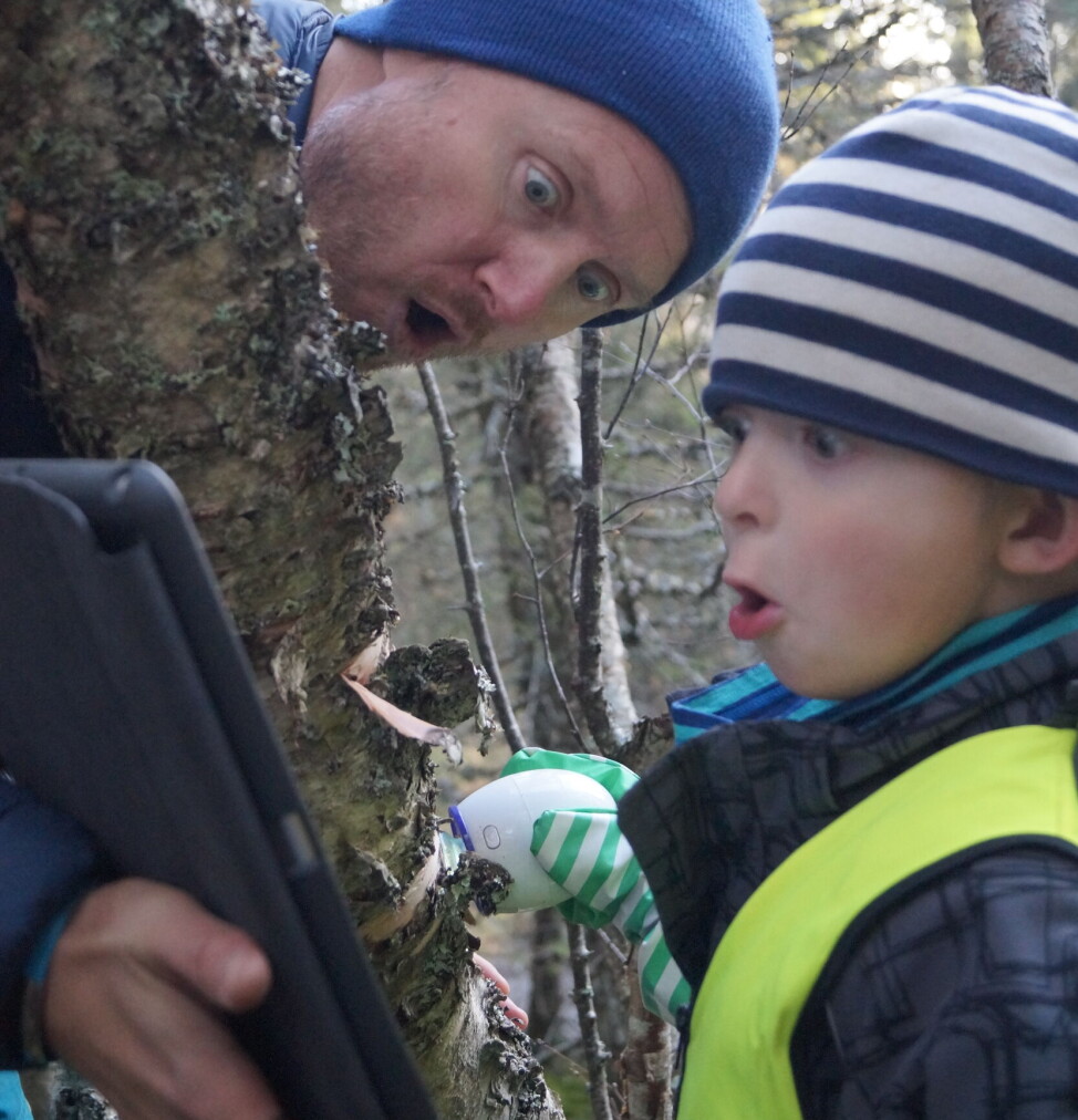Ved hjelp av et trådløst mikroskop (EasyScope) som forstørrer 50 ganger, kan pedagogisk leder Ståle Skagen og Olve (4) følge insektene på trygg avstand. Ved hjelp av et trådløst mikroskop (EasyScope) som forstørrer 50 ganger, kan pedagogisk leder Ståle Skagen og Olve (4) følge insektene på trygg avstand.