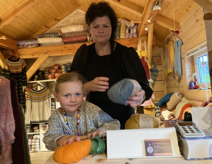 Fire år gamle Thea Othelie (4) får hjelpa mormor Ellen Sjøvoll med å finna fram ymse typar strikkegarn i butikken og jamvel ta imot betaling frå kundar.