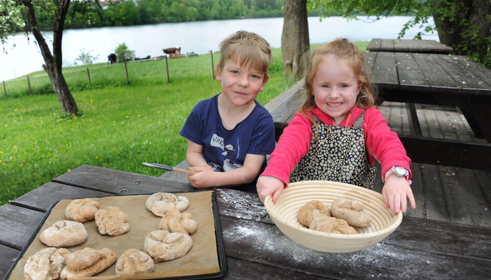 Axel Ludvig Häggblom (4) og Iben Helene Nøkleby (4) viser stolt fram de nybakte, økologiske rundstykkene de har vært med å bake i barnehagen. Axel Ludvig Häggblom (4) og Iben Helene Nøkleby (4) viser stolt fram de nybakte, økologiske rundstykkene de har vært med å bake i barnehagen.