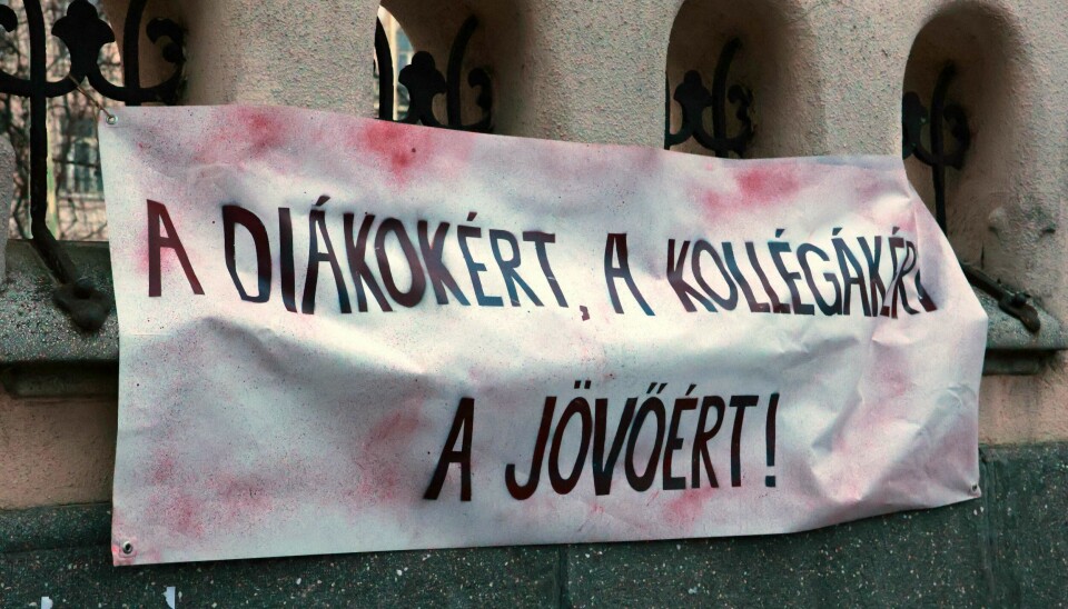 'For studenter, for kolleger, for fremtiden!' står det skrevet utenfor Kölcsey Ferenc Gimnázium.