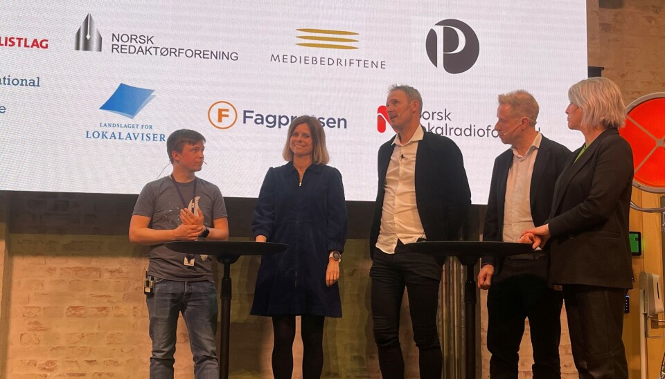 De nominerte til Den store journalistprisen er Øyvind Bye Skille i NRK (f.v.), Line Fredheim Storvik i Første sted, Bjørn Olav Jahr, Kristoffer Egeberg i Faktisk.no, og Annemarte Moland i Aftenposten