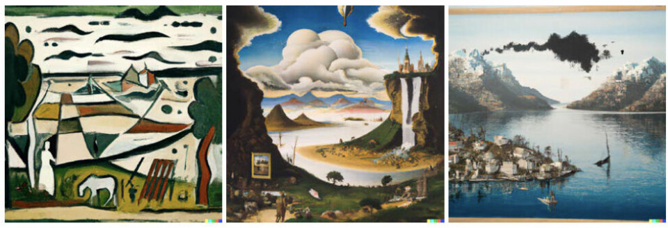Bildene ovenfor ble laget ved hjelp av DALL·E ved at forfatteren skrev følgende: Hardanger, painting by Picasso (venstre), Hardanger, painting by Salvador Dalí (midten) og Hardanger, painting by Banksy (høyre).