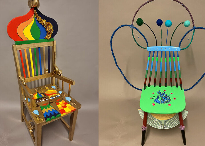 Studentene Anastasia og Fiona har laget fargerige bursdagsstoler til barnehagen av gjenbruksmaterialer.