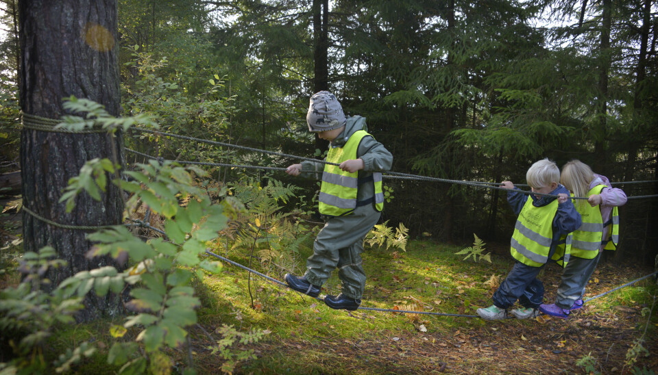 Leon Emilian Fosby (4), Elian Nyberg Mathisen (4) og Celine Karlsen Hole (4) må konsentrere seg for å balansere på taubanen.