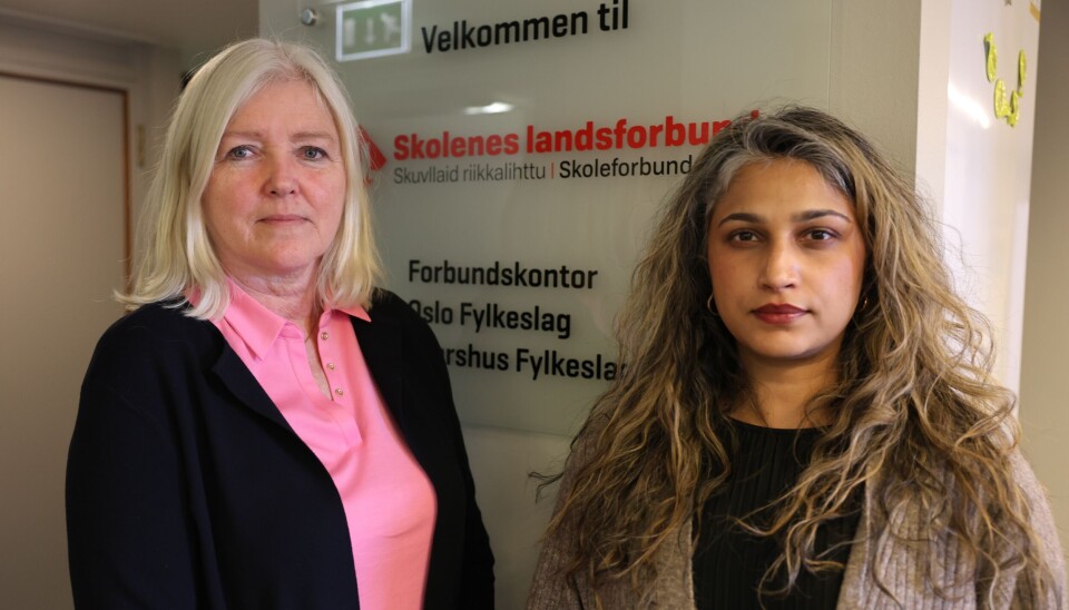 Mette Johnsen Walker, forbundsleder i Skolenes landsforbund og Mishell Shakar, nestleder i Skolenes landsforbund Oslo.
