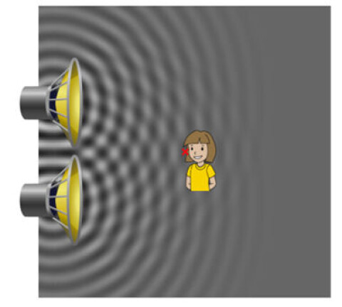 Bilde 5: Visualisering av interferens i en Phet-simulering. De lyse- og mørkegrå feltene viser områder med høyt og lavt lufttrykk.