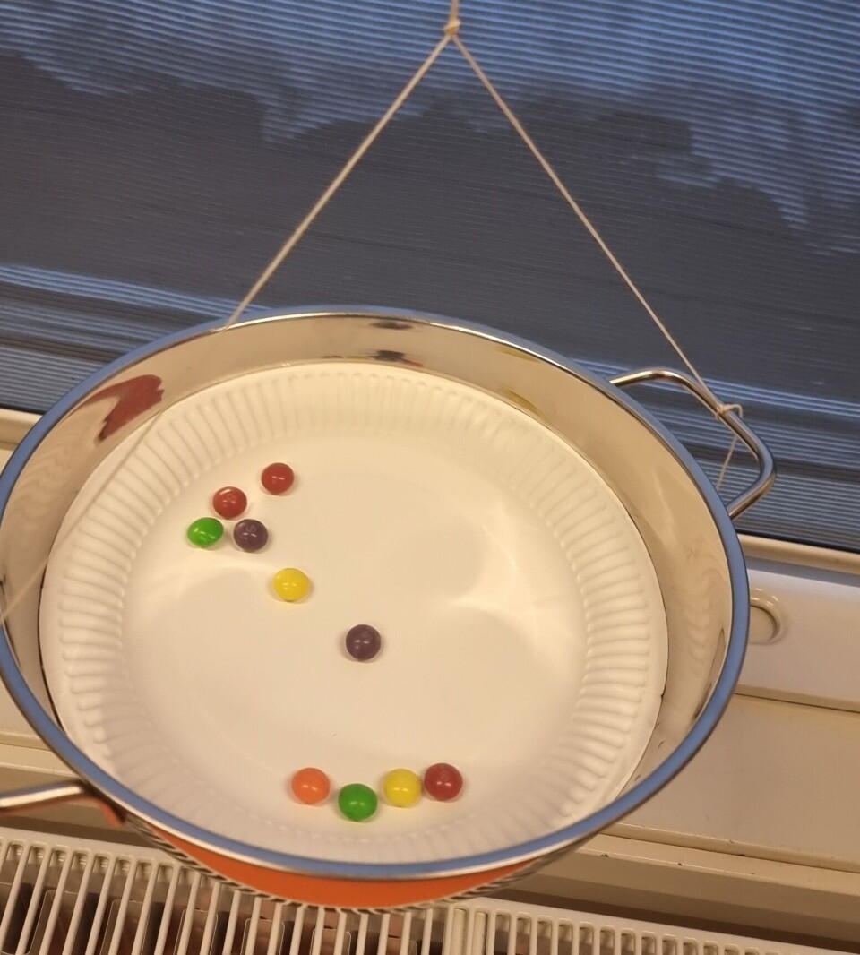 STEG 3: Vi hang opp et fat med godterier i en tråd – og en «moser» i den andre enden, slik at spøkelset skulle bli most når det prøvde å forsyne seg.
