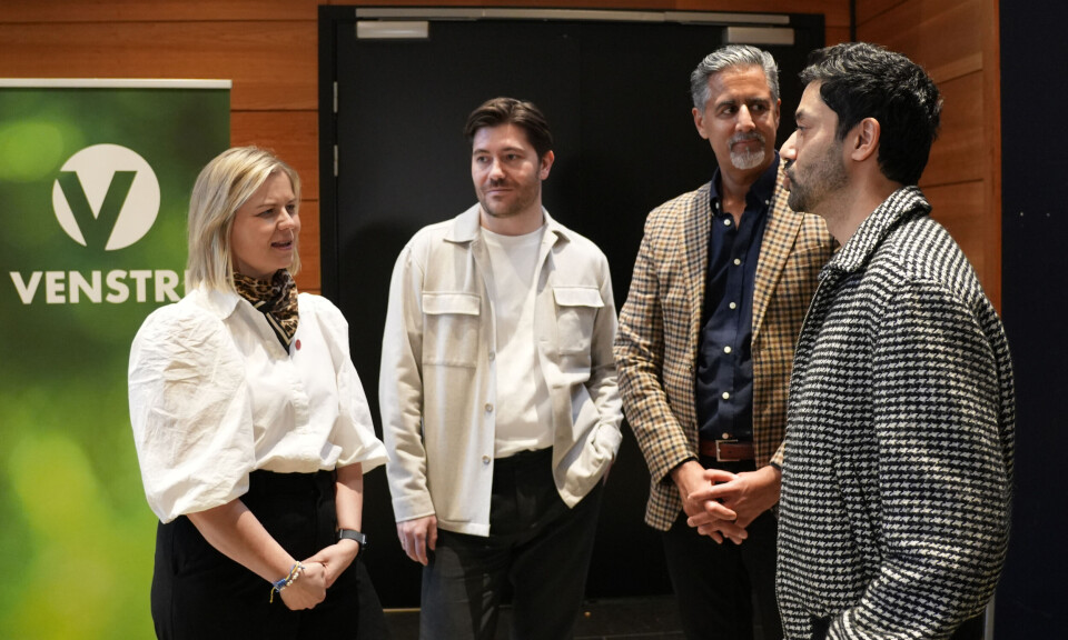 Guri Melby, Grunde Almeland, Abid Raja og Noman Mobashir på Venstres landsmøte. Almeland tok initiativ til forslaget om å bekjempe mobbing. Han har vært åpen om sine egne mobbeopplevelser.