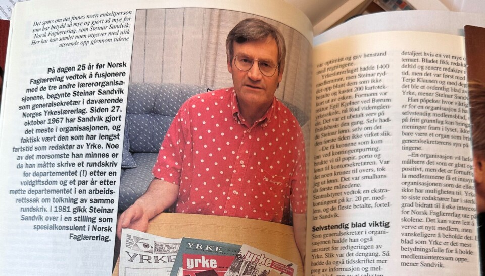Steinar Sandvik har mange år i Norsk Faglærerlag bak seg, blant annet som redaktør for Yrke. Her fra intervjuet Yrke gjorde med ham i 1983.