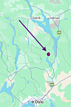 Kart som viser beliggenheten til Hurdalssjøen hotell, mellom Oslo og Hamar.